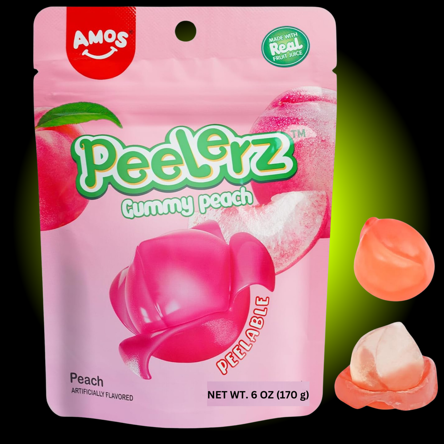 Amos Peelerz Peach Gummy Candy (6 oz) - Case of 12