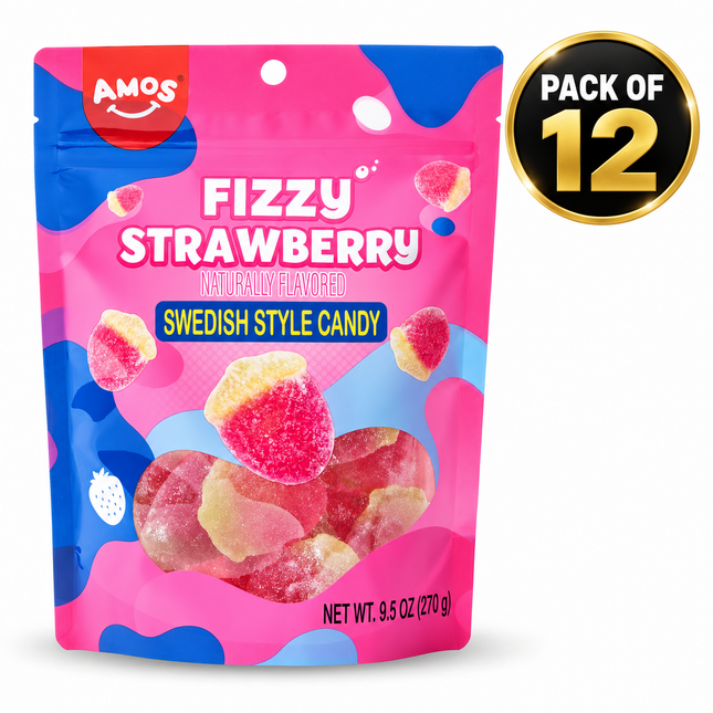 Amos Fizzy Strawberry Swedish Style Candy PACK OF 12