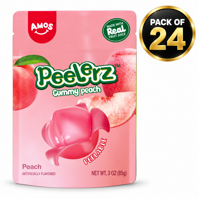 Amos Peelerz Peach Gummy Candy (3 oz) Pack of 24