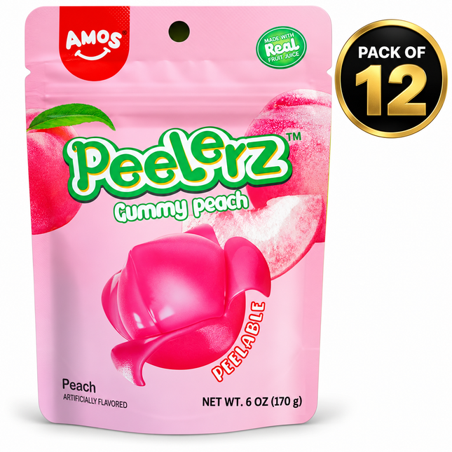 Amos Peelerz Peach Gummy Candy (6 oz) Pack of 12