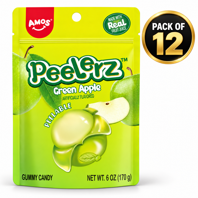 Amos Peelerz Green Apple Gummy Candy (6 oz) Pack of 12