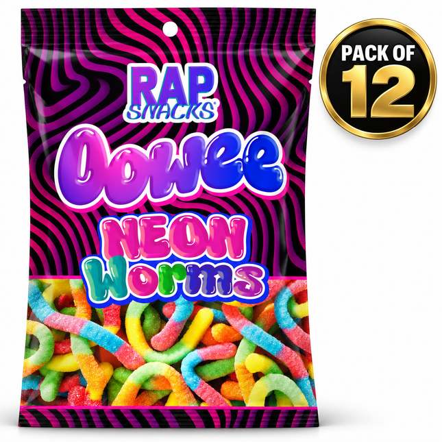 Rap Snacks Oowee Neon Gummy Candy Worms (5.3 oz) Pack of 12