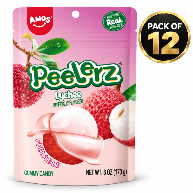 Amos Peelerz Lychee Gummy Candy (6 oz) Pack of 12