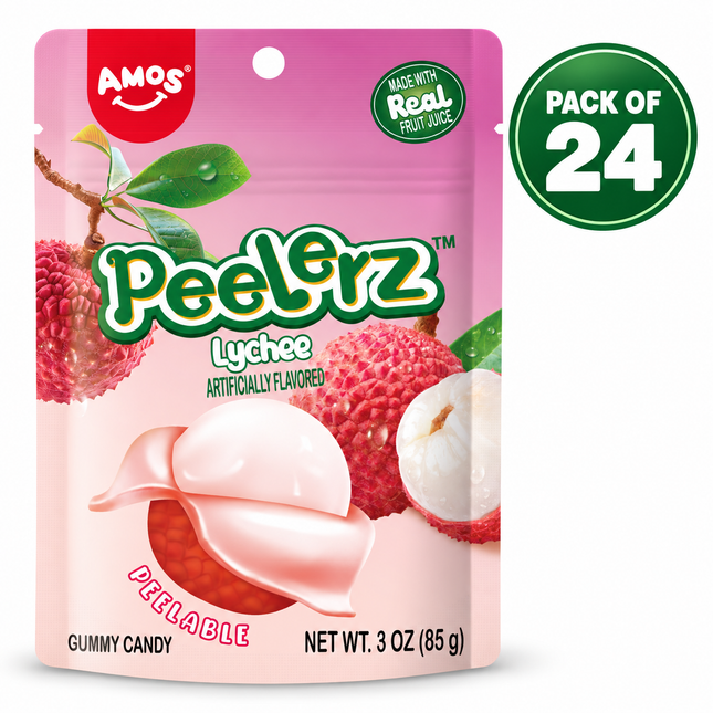 Amos Peelerz Lychee Gummy Candy (3oz) Pack of 24