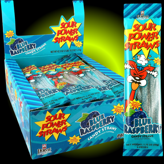 Sour Power Blue Raspberry Gummy Straws Candy (1.75 oz) - 24 ct Display Box