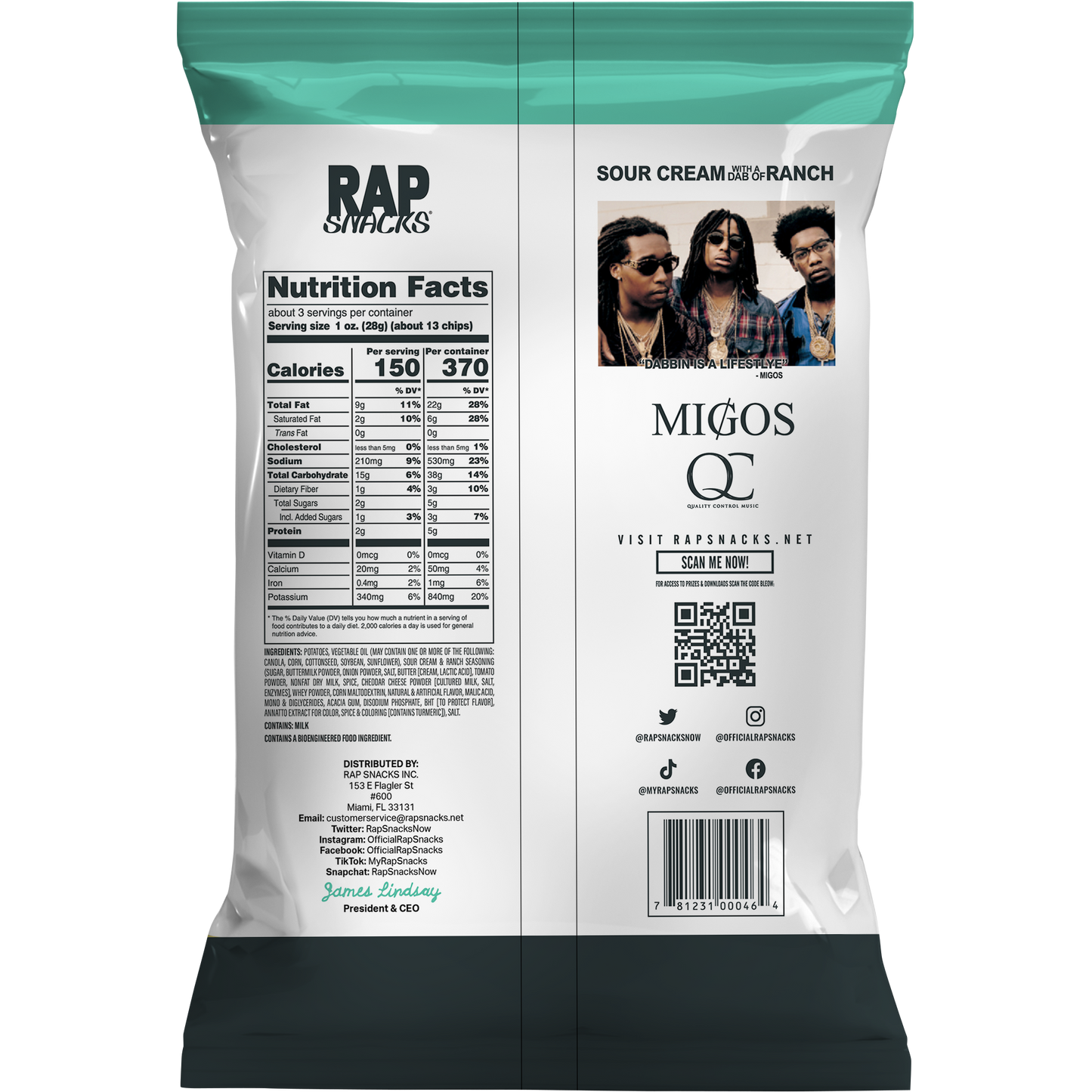 Rap Snacks Migos | Sour Cream With A Dab Of Ranch Chips (10 Bags)